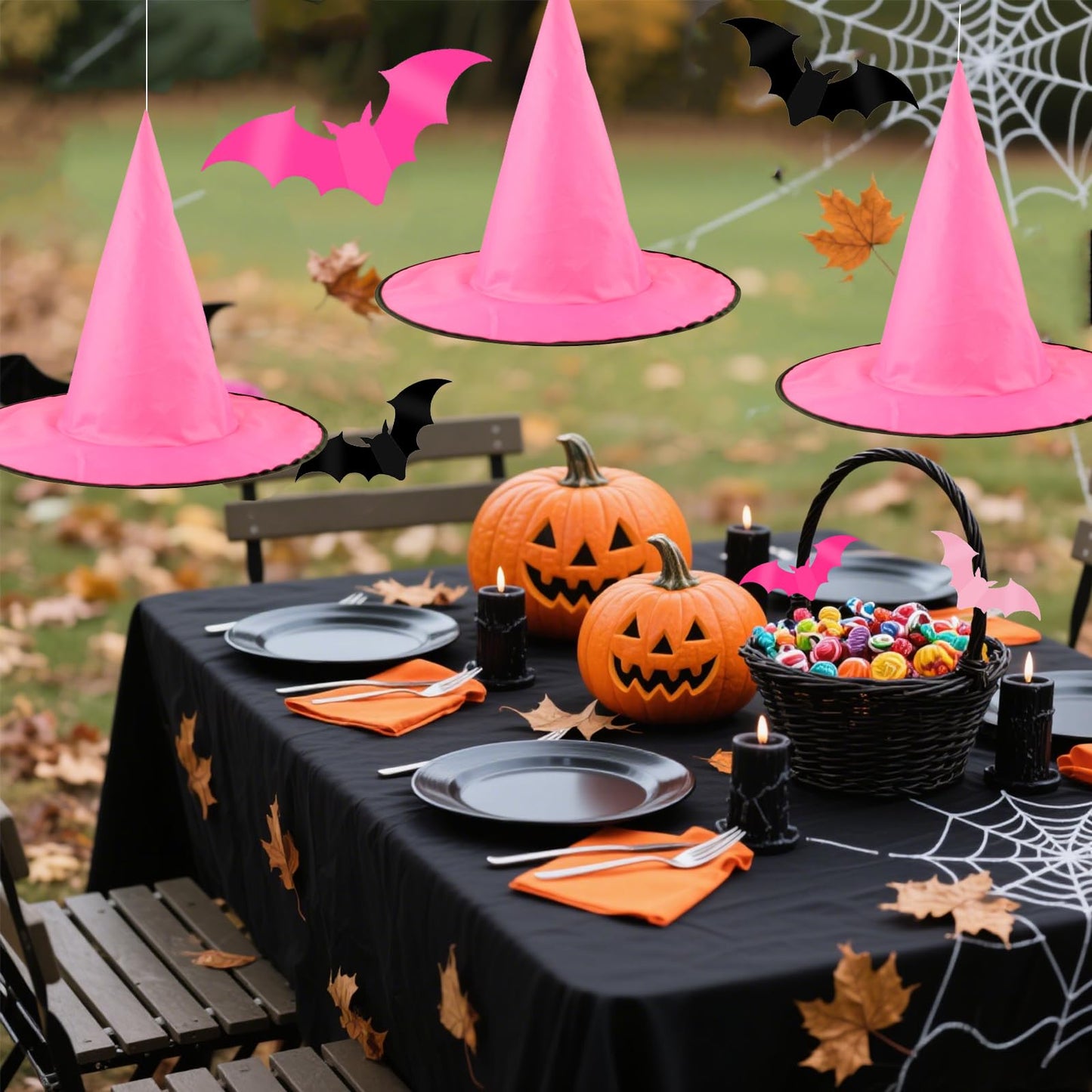 Cmaone 12 Pcs Pink Witch Hat with 109 Yards Hanging Rope 24 Pcs 3D Bat Stickers Black Pink Scary Halloween Hanging Decoration for Witch and Princess Theme Party