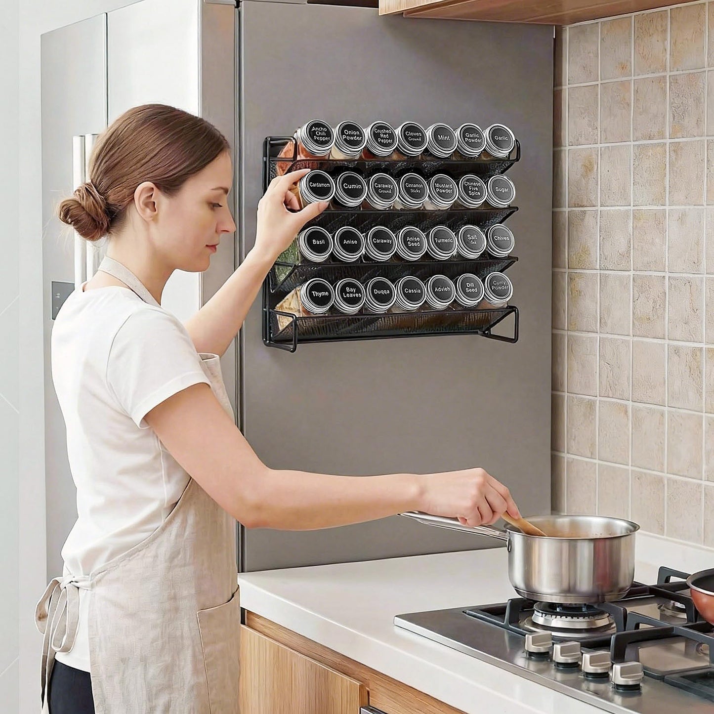 UVIAHOMI Magnetic Spice Rack Organizer for Refrigerator with 28 Spice Jars, 386 Spice Labels, 4 Hook, Chalk Marker and Funnel Set, Magnetic Shelf for Seasoning Organizer, 13.2'' W x 9.8 H, Black