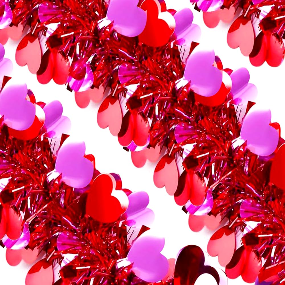 Valentines Tinsel Garland - 33 Ft Rose Red Metallic Heart Shape Valentine's Day Garland Atmosphere Setup for The Confession Scene Tinsel Hanging Twist Hanging Decorations for Party Holiday Supplies
