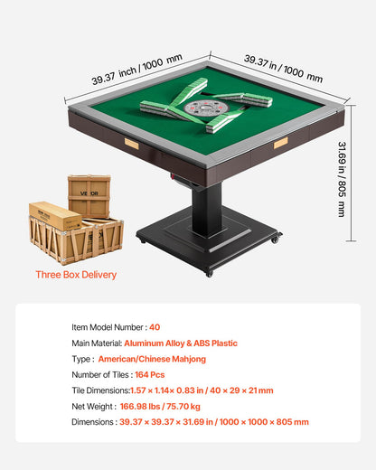 VEVOR Automatic Mahjong Table with Wheels, 2 Sets of 40 mm Tiles (164 Pcs), Roller Coaster Style Mahjong-Table, Foldable and Automatic Shuffler, for Home, Outdoor Leisure & Gifts for Mahjong Players
