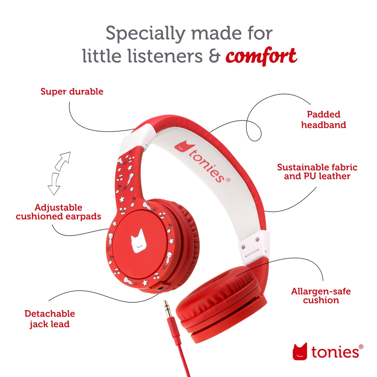 Tonies Foldable Wired Headphones for Kids - Comfortably Designed to fit On-Ear - Works with Toniebox 1 and All 3.5mm Devices - Red