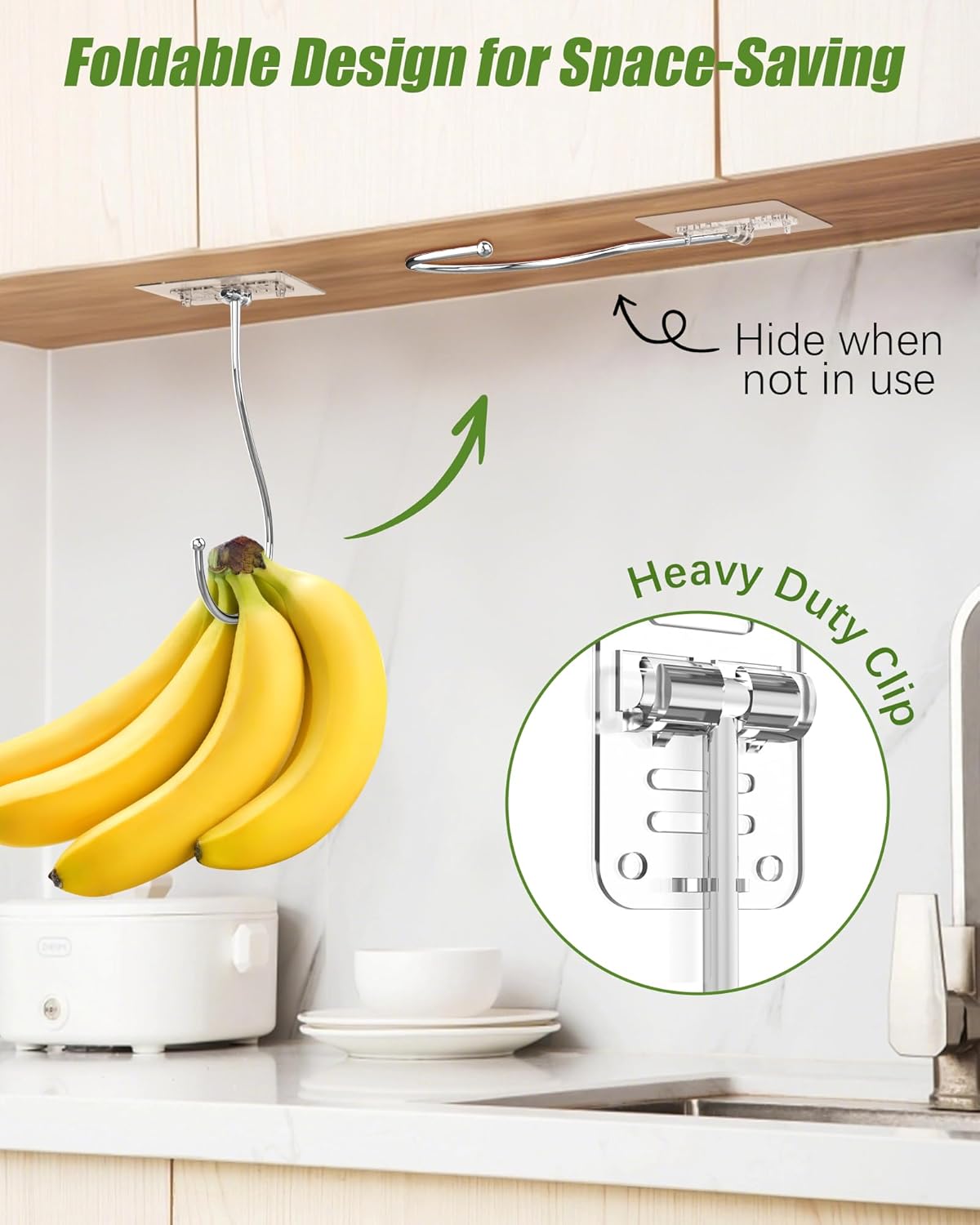 2 Pack Holder(13lb), (16cm) Latoxcaa Self Adhesive Banana Hook Under Cabinet Foldable, Heavy Duty Metal Clear Banana