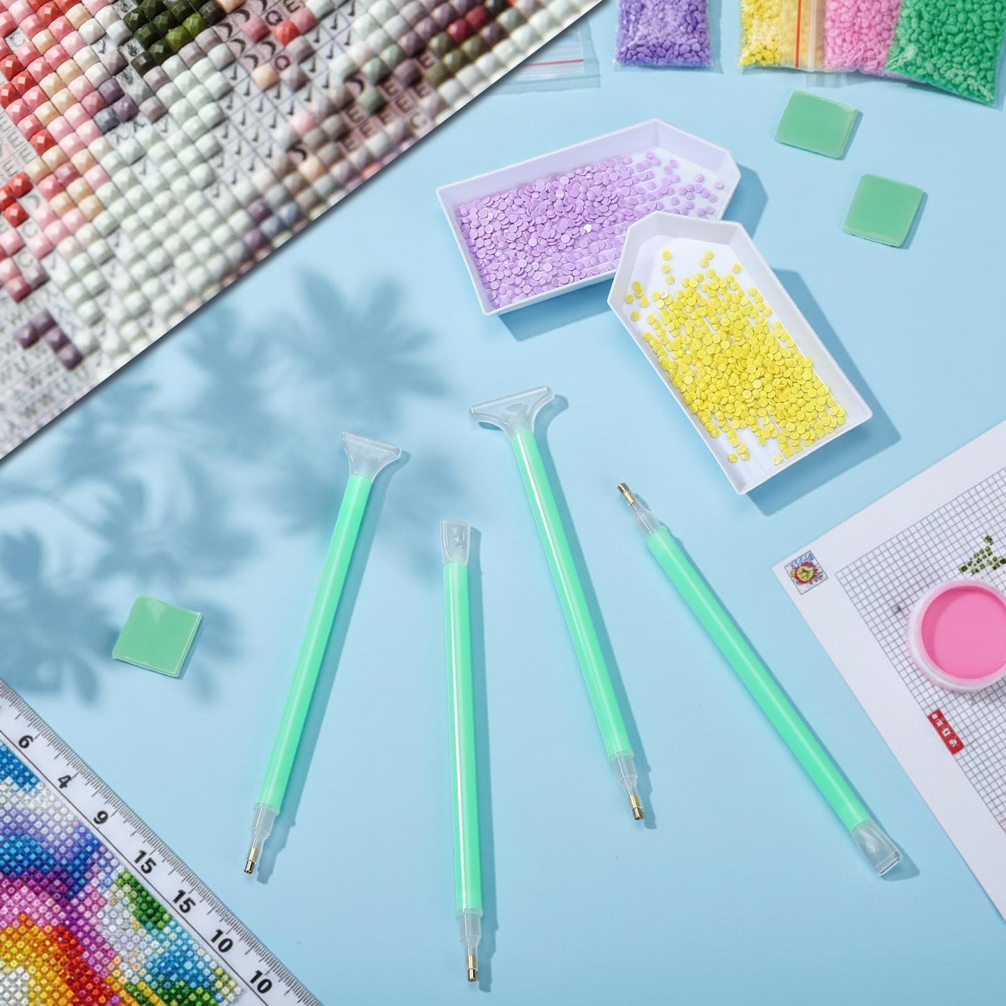 Affrolling 90 Pcs 5d Diamond Art Painting Tools and Accessories Kits Include Drill Pens with 3 Drill Sizes, Plastic Diamond Trays, Glue Clay, Rhinestone Art Painting DIY Accessories (White and Green)