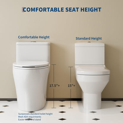 One-Piece Toilets, Low Water Tank, ADA 17.5" Seat Height, Water-Saving Design, Compact Modern Bathroom Toilet