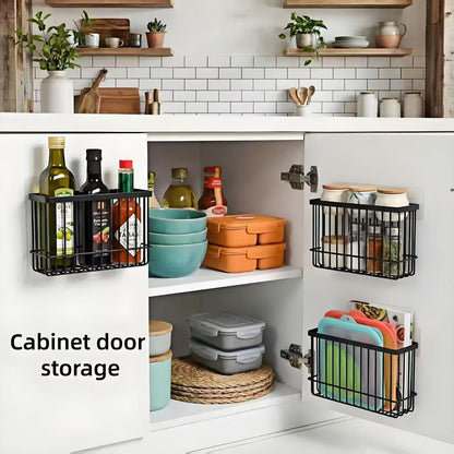 SXSWNSDLX 2 Pack Adhesive Cabinet Door Organizer, No Drilling Required, Hanging Storage Basket Organizer Wall Mounted Pantry, for Kitchen, Fridge, Bathroom (Black)