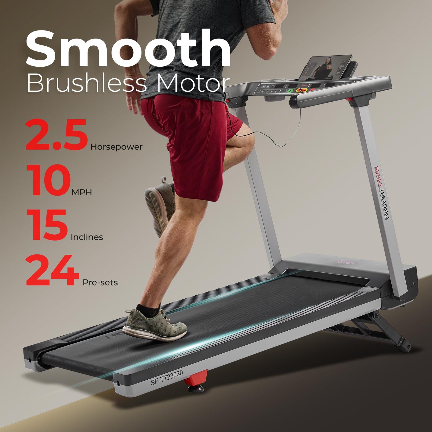 Sunny Health & Fitness Foldable 15 Level Auto Incline Treadmill, 20" Wide Running Belt, Quiet Brushless, Digital Display, 300 LB Weight Capacity, SunnyFit App Bluetooth Connection