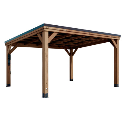 Backyard Discovery Arcadia 14' x 12' Cedar Wood Outdoor Gazebo Pavilion with Hardtop Galvanized Steel Slope Roof, Snow Support, Wind Resistance, PowerPort, Shade for Garden, Patio, Deck, Entertaining