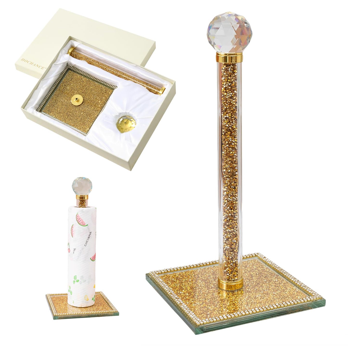 Hochance Gold Crystal Standing Paper Towel Roll Holder Countertop Weighted Rack,Glam Cute Bling Rhinestone Jeweled Diamonds Modern Decoration Christmas Housewarming Gifts for Kitchen Home Bar