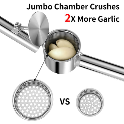 5-in-1 Stainless Steel Garlic Press Set with Jumbo Chamber & Mincer - Heavy Duty Rustproof Garlic Crusher with Ergonomic Handle, Dishwasher Safe, Easy Squeeze Design for Ginger, Nuts, Herbs