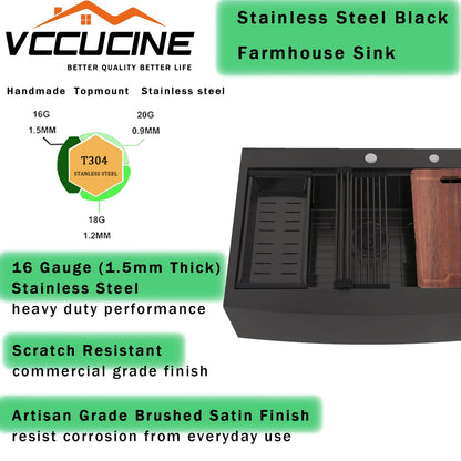 VC CUCINE 33x22 Inch Drop In Gunmetal Black Farmhouse Sink, 16 Gauge Stainless Steel Single Bowl Apron Front Workstation Farm Sink With Accessories