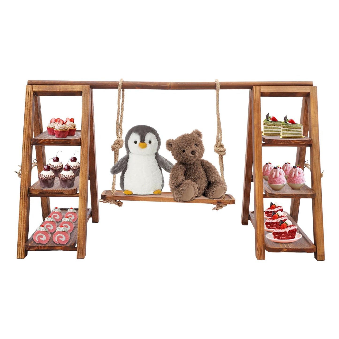 3-Tier Wooden Swing Cupcake with Serving, Dessert Stand with Adjustable Trays - Rustic Farmhouse Serving Tray for Cakes, Cupcakes, Candy Display | Sturdy 13.23lbs, Party, Birthday & Wedding Decor
