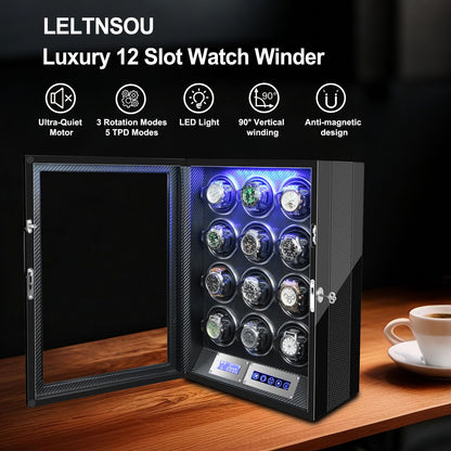 LELTNSOU Watch Winder for 12 Winding Spaces Automatic Watches, Ultra-Quiet Japanese Motors, Built-in LED Illumination and LCD Touchscreen Control