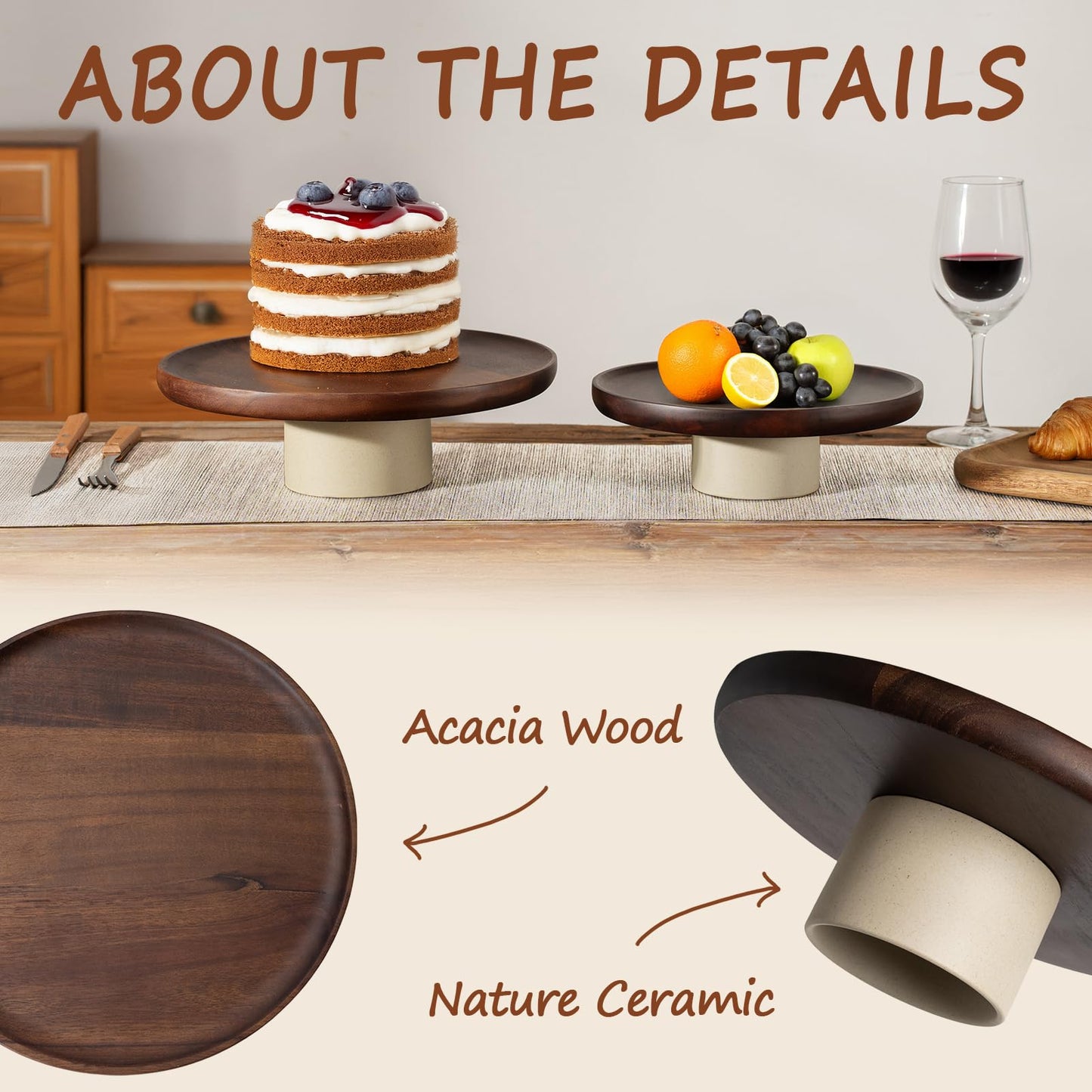 CEEFU 11 inch Rustic Acacia Wood Cake Stand - Natural Wooden Clay Wedding Cake Pedestal Serving Stand for Cupcake Dessert Bites Display in Party, Birthday, Beautiful Farmhouse Kitchen Decor