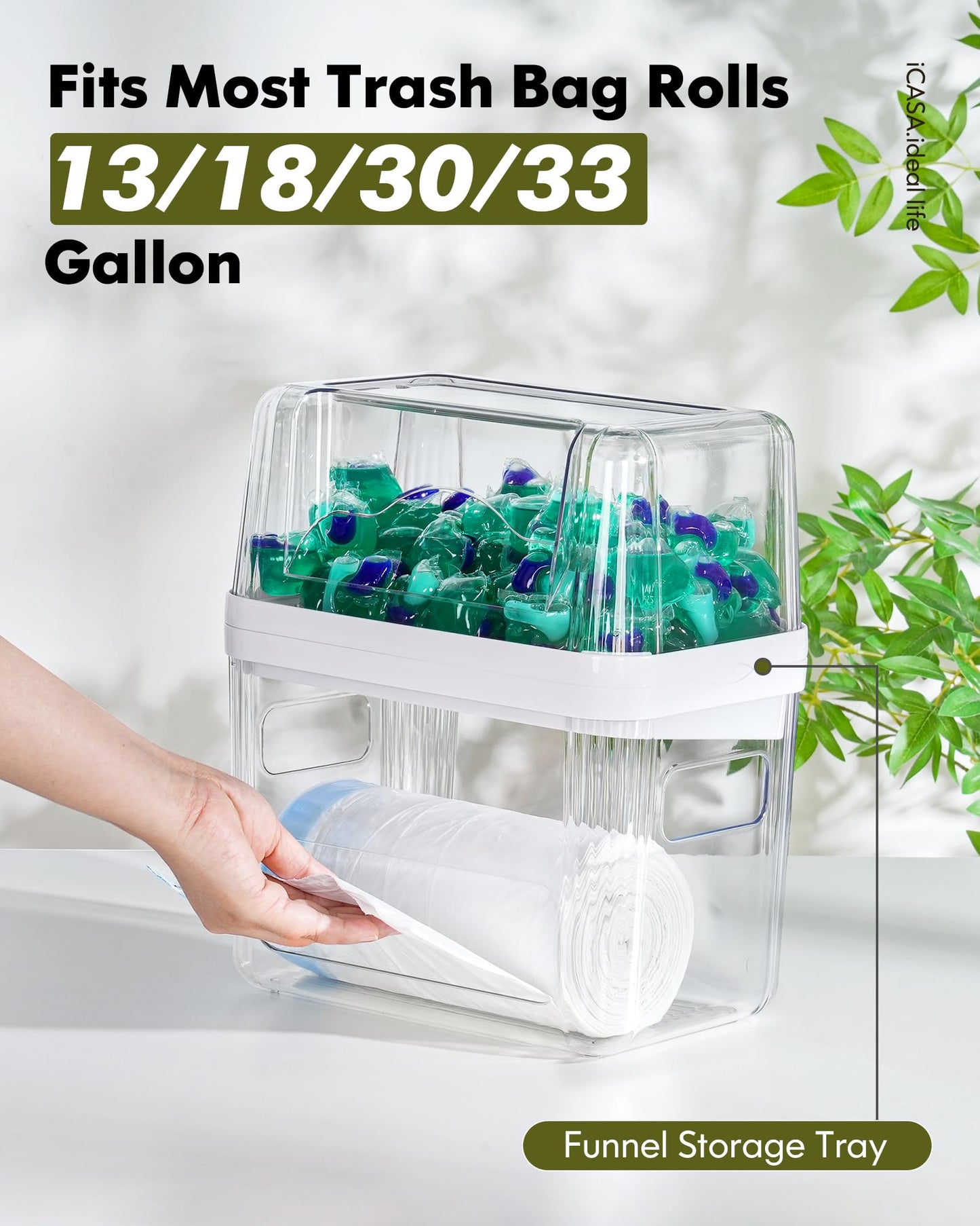 iCASA Trash Bag Dispenser Dishwasher Pod Organizer, 3 in 1 Grocery Garbage Bags Holder Storage Box Clear Laundry Room Pods Dishwasher Tab Cleaner Tablets Container Pantry Kitchen Under Sink Organizers