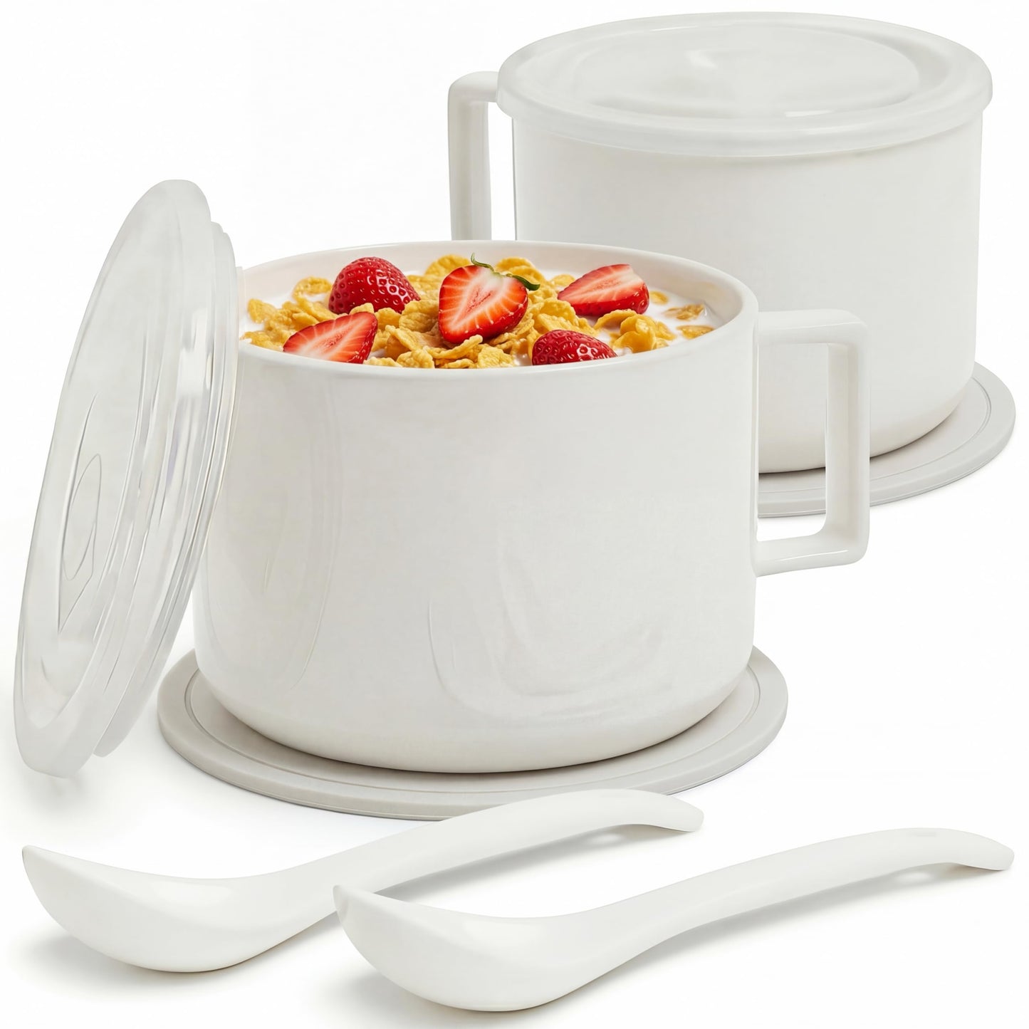 Presva Ceramic Soup Bowls with Handles & Lids, Set of 2 with Spoons & Trivets, 30oz Large Soup Mugs, Oven Safe Bowls for Soup, Ramen, Oatmeal & Cereal, Microwave & Dishwasher Safe, White