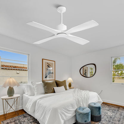 LEDLUX 54" Ceiling Fan without Lights -Modern Ceiling Fan no Light, 6-Speed Remote, 4 Solid Wood Blades, Quiet DC Motor, for Bedroom, Living Room, Outdoor, White