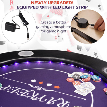 RAYKEEP 71" LED Poker Table - 8 Player Foldable Texas Hold'em Table with Built-in LED Lights, Padded Rails & 8 Cup Holders, Portable Casino Card Table for Home Game Room & Parties