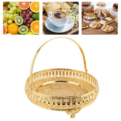 Retro Round Fruit Tray Exquisite Decorative Large Capacity Alloy Dessert Plate Golden Zinc Alloy Fruit Trays for Parties with Handle Decorative Serving Tray for Party Home Bar Cafe