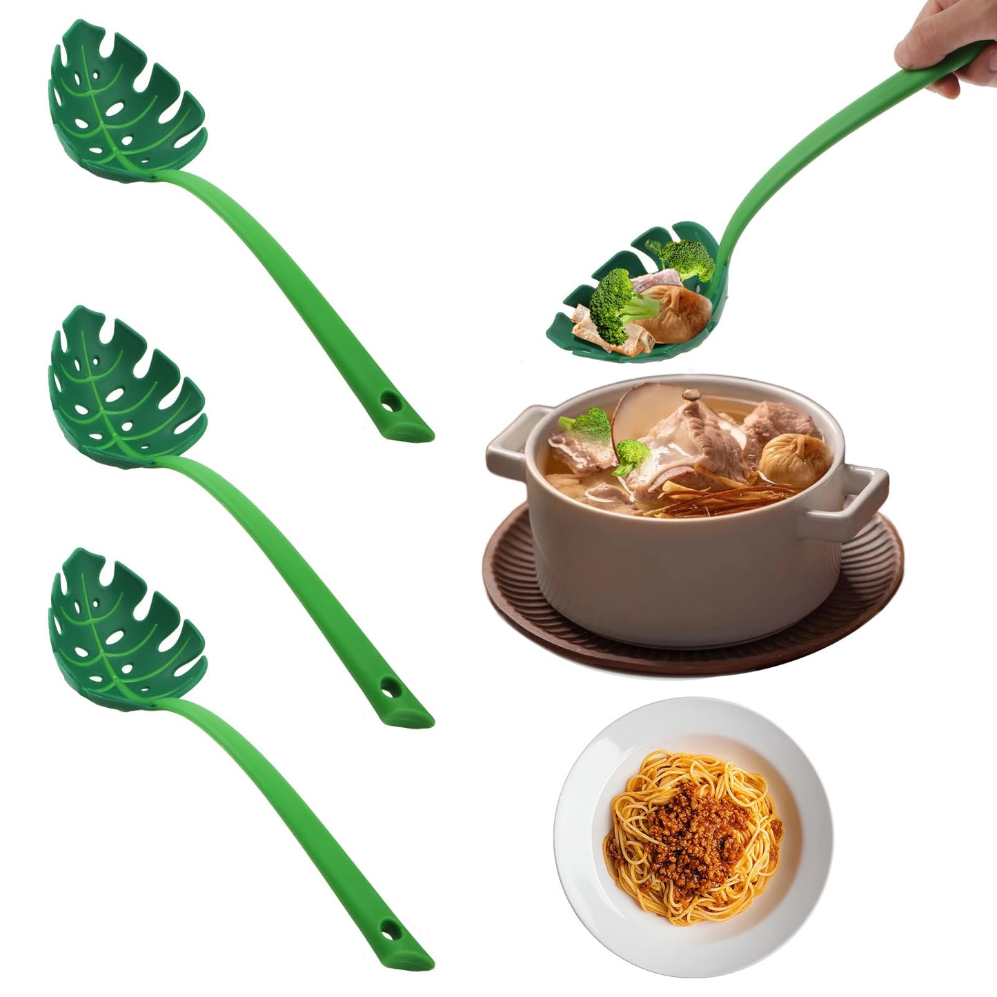 ZYROA Green Leaf Kitchen Spoon, Turtle Back Design for Noodles and Vegetables, Nonstick Cooking Utensil with Drainage Hole, 3 Pack