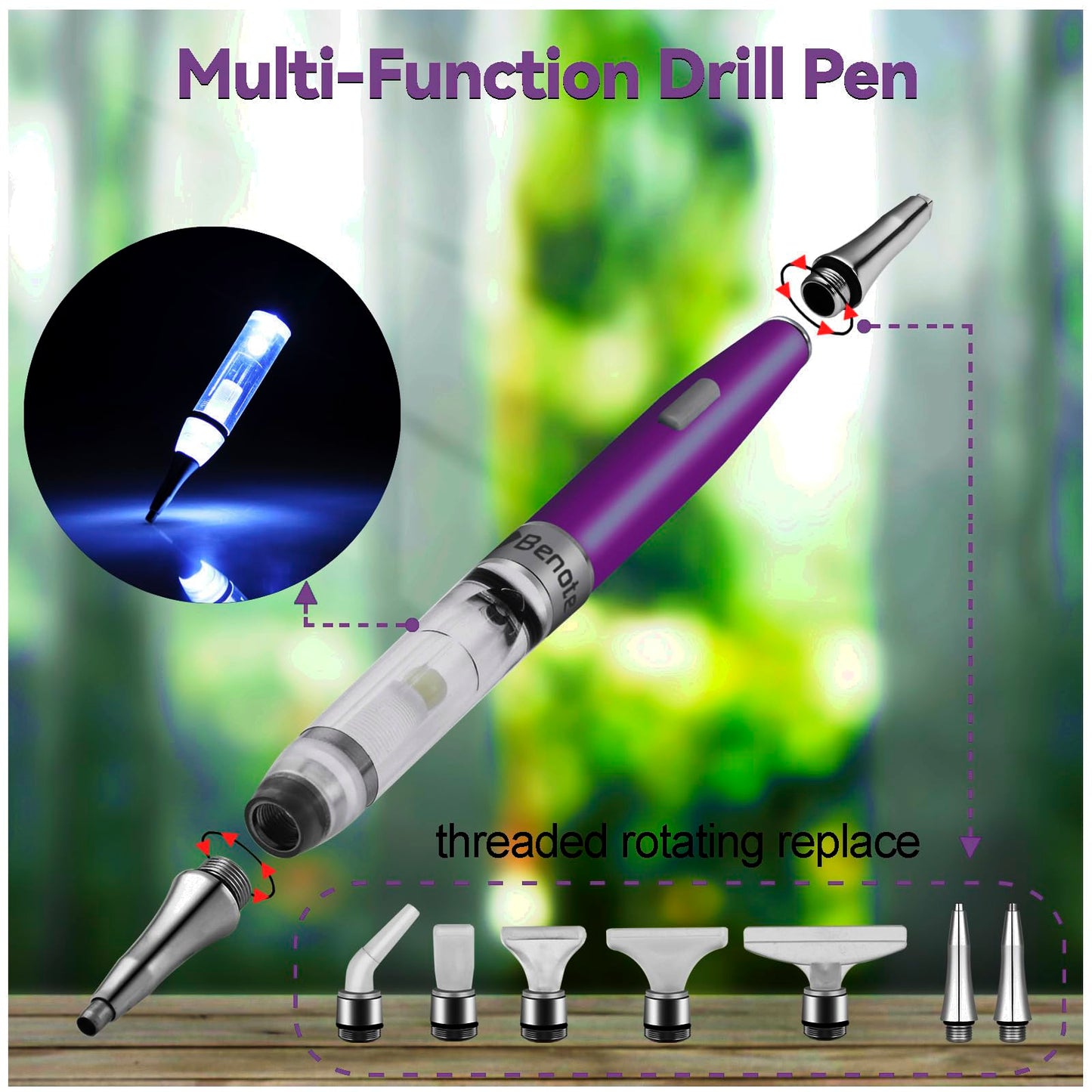 Benote Diamond Art Painting Drill Pen 2.0 with Metal Sticky Tips, Diamond & Painting Accessories, Replacement Pen Heads & Wax - B7 Purple