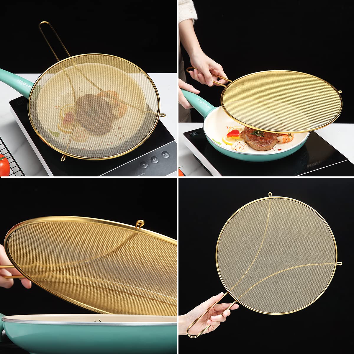 Evanda 12" Gold Splatter Screen for Cooking, Stainless Steel Fine Mesh for Frying Pan, Grease Guard for Pan to Stop Hot Oil Splatter, Protect the Skin From Burns, Safe Cooking Lid