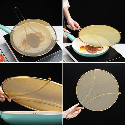 Evanda 12" Gold Splatter Screen for Cooking, Stainless Steel Fine Mesh for Frying Pan, Grease Guard for Pan to Stop Hot Oil Splatter, Protect the Skin From Burns, Safe Cooking Lid