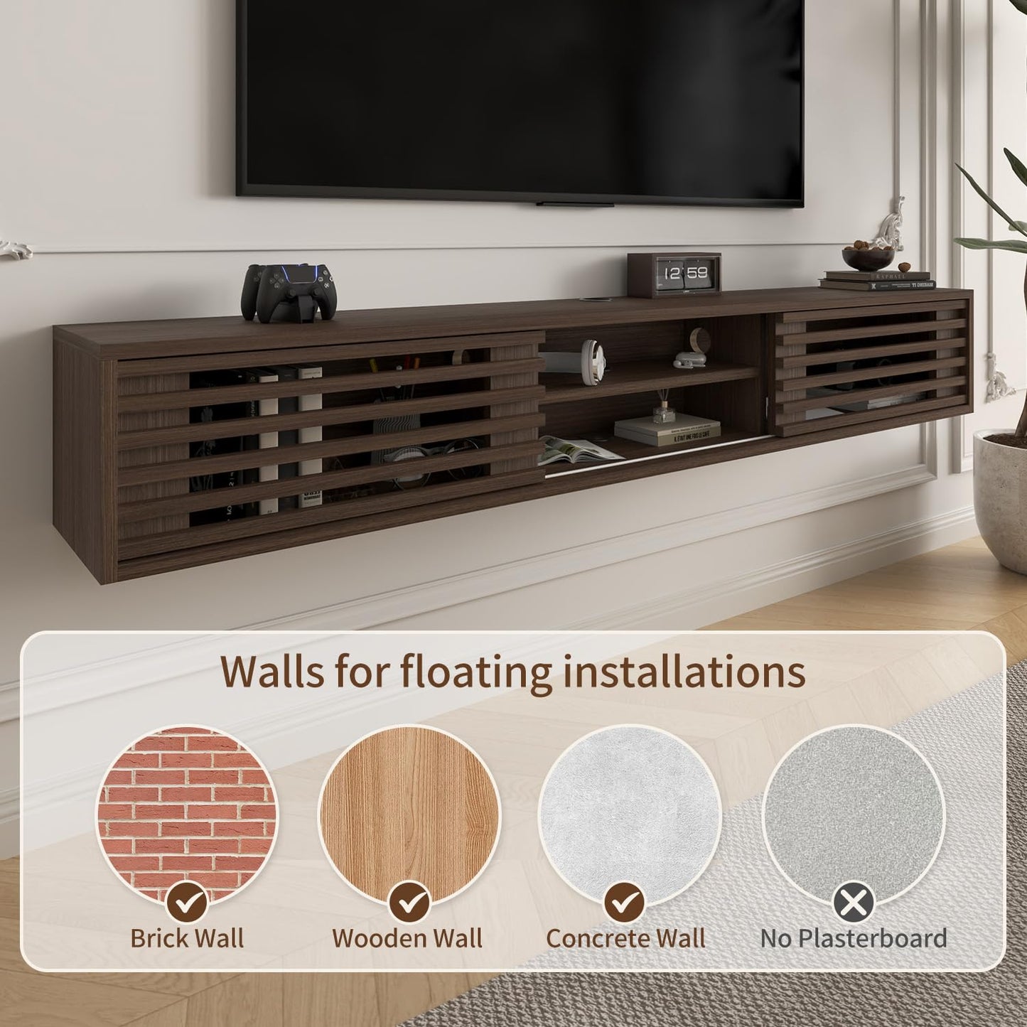 Furniloft 78" Floating TV Stand with Slatted Sliding Doors, Mid-Century Modern Wall Mounted Entertainment Center, Walnut Media Floating tv Console for 85 TV, Space-Saving Cable Management