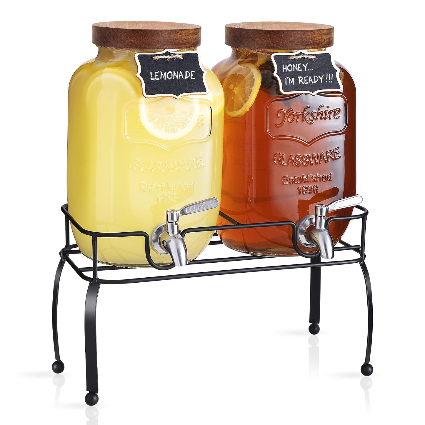 mustry Glass Drink Dispenser for Parties, 1 Gallon Beverage Dispenser with Stand and Spigot Solid Stainless Steel, Used as Lemonade Dispenser Sun Tea Jar Kombucha Jar, Set of 2