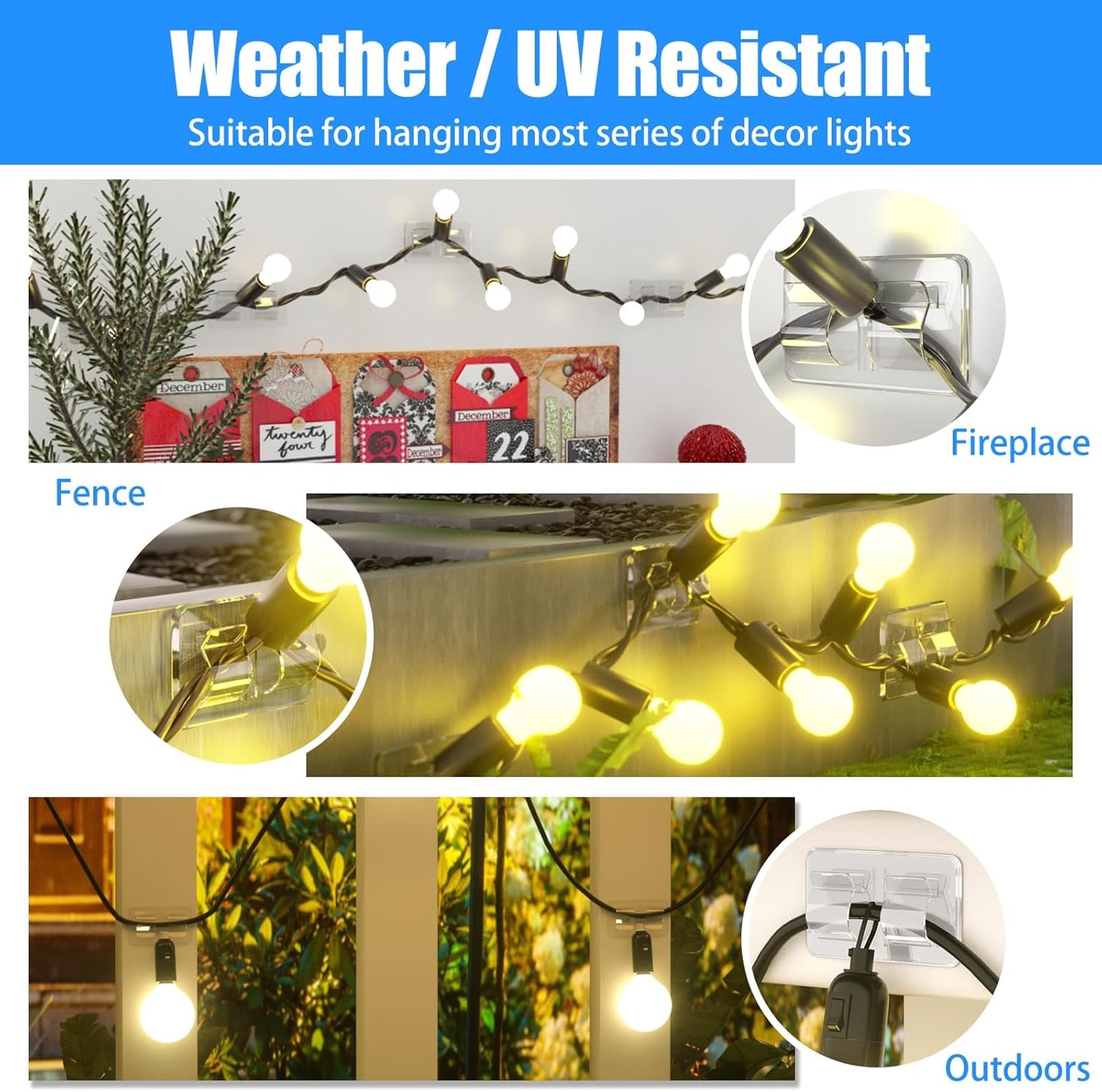 26Pcs Keviyi Hooks for Outdoor String Lights Clips: Double Hooks for Hanging - Heavy Duty Clear Cable Clips