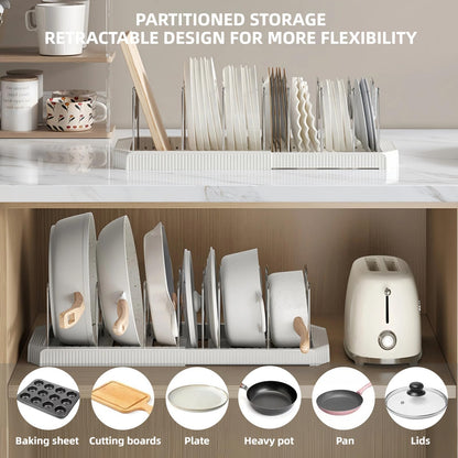 Silanit Expandable Pot and Pan Organizer Rack for Kitchen Cabinet or Under Sink, Adjustable Lid Holder with 7 Dividers, Space-Saving Storage for Renters, Small Homes, and Busy Cooks, White