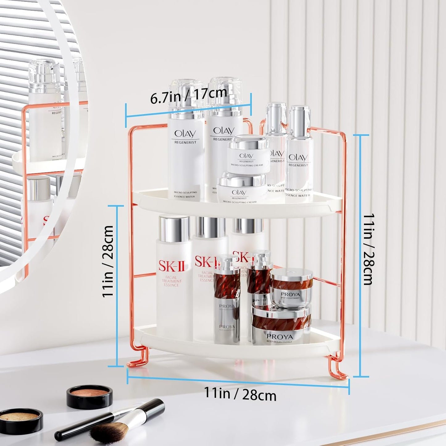FSyueyun 2-Tier Corner Bathroom Counter Organizer, Tool-Less Installation Vanity Shelf, Small Plastics Makeup Tray