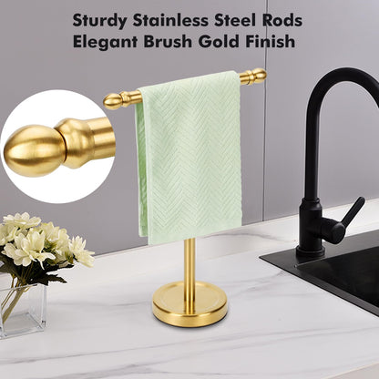 Hand Towel Holder Gold, T-Shape Hand Towel Stand for Bathroom, Stand Hand Towel Rack Free-Standing Towel Bar for Bathroom Kitchen Countertop, Stainless Steel