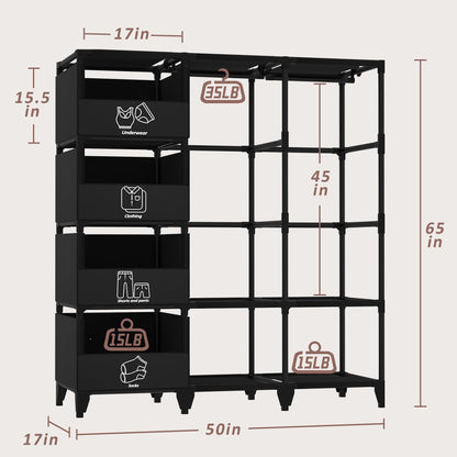 Jofuler Portable Closet, Easy Assembly, Large Capacity Wardrobe Closet, Sturdy and Stable Clothes Rack with Shelves 4 Storage Baskets and 2 Hanging Rods, for Bedroom and Cloakroom Black