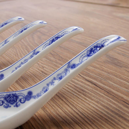 Set of 4 Porcelain Chinese Knot Blue Floral Soup Spoons, 5-Inch