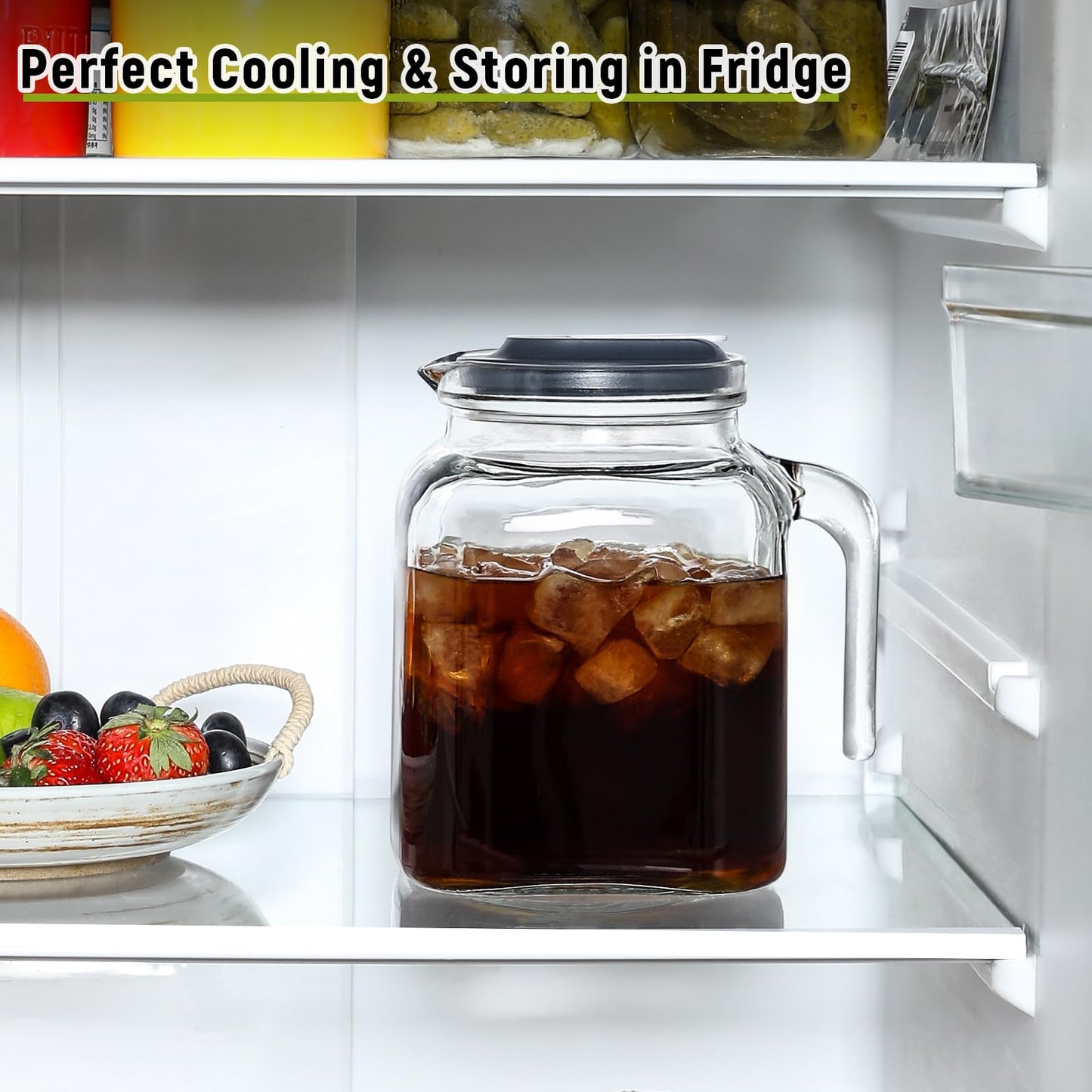 68 Oz Seal Pitcher With Lid and Spout, Large Iced Tea Pitcher for Fridge, Wide Mouth Glass Jar Container for Homemade Juice & Iced Tea, Iced Coffee, and Drinks