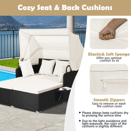 Tangkula Patio Rattan Daybed with Retractable Canopy, Outdoor Wicker Sunbed Lounger with 2 Foldable Side Tables, Thick Seat & Back Cushions, Double Daybed for Garden, Backyard, Porch (Off White)