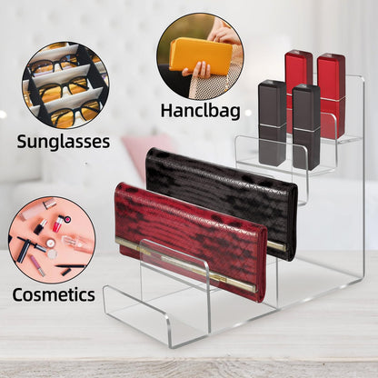 Acrylic Wallet Display Stand Purse Handbag Organizer, Clear Jewelry Riser Display Stand Purse Display Rack, Acrylic Display Shelf for Cosmetic Perfume Jewelry Sunglasses Handbag (2 PCS-4 Tier)