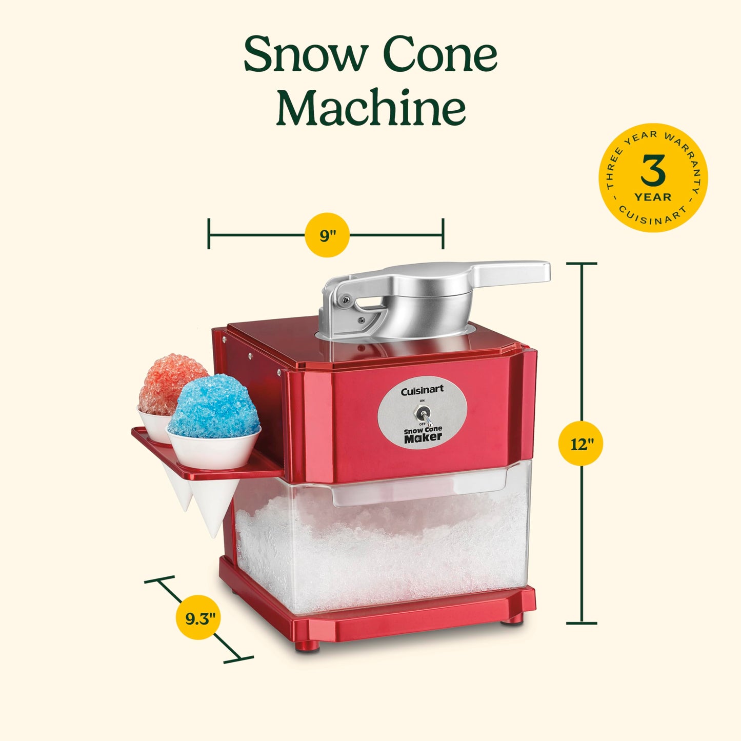 Cuisinart Snow Cone Machine, Home Shaved Ice Maker for Snow Cones, Snow Cone Maker with Reuseable Paper Cups, Makes 5 Icy Cones for Slushies, Frozen Drinks , Red, SCM-10P1
