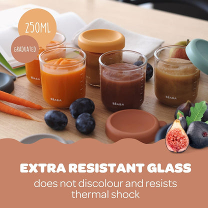 BEABA 6 Pack Glass Baby Food Jars with Soft Silicone Air Tight Lids, 8 oz Glass Storage Containers with Lids, Microwave and Freezer Safe Containers, Sunrise