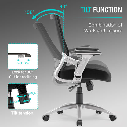 SUNNOW Office Chair, Ergonomic Computer Desk Chair, Sturdy Executive Task Chair - Adjustable Lumbar Support, Flip-up Arms, Tilt Function, Comfy Wide Seat, Swivel Mesh Home Office Desk Chairs (Black)