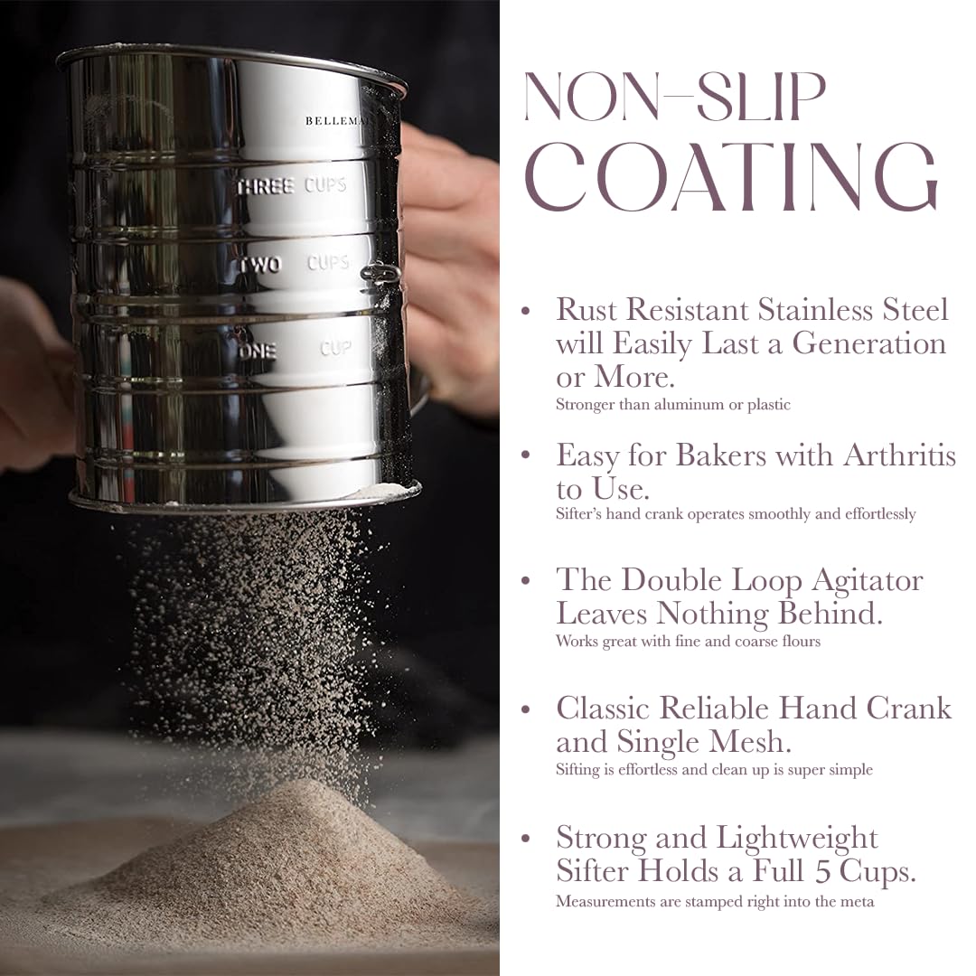 Bellemain 5 Cup Flour Sifter for Baking Fine Mesh Rotary Hand Crank with Loop Agitator for Quick Sifting, Flour Sifter Stainlees Steel