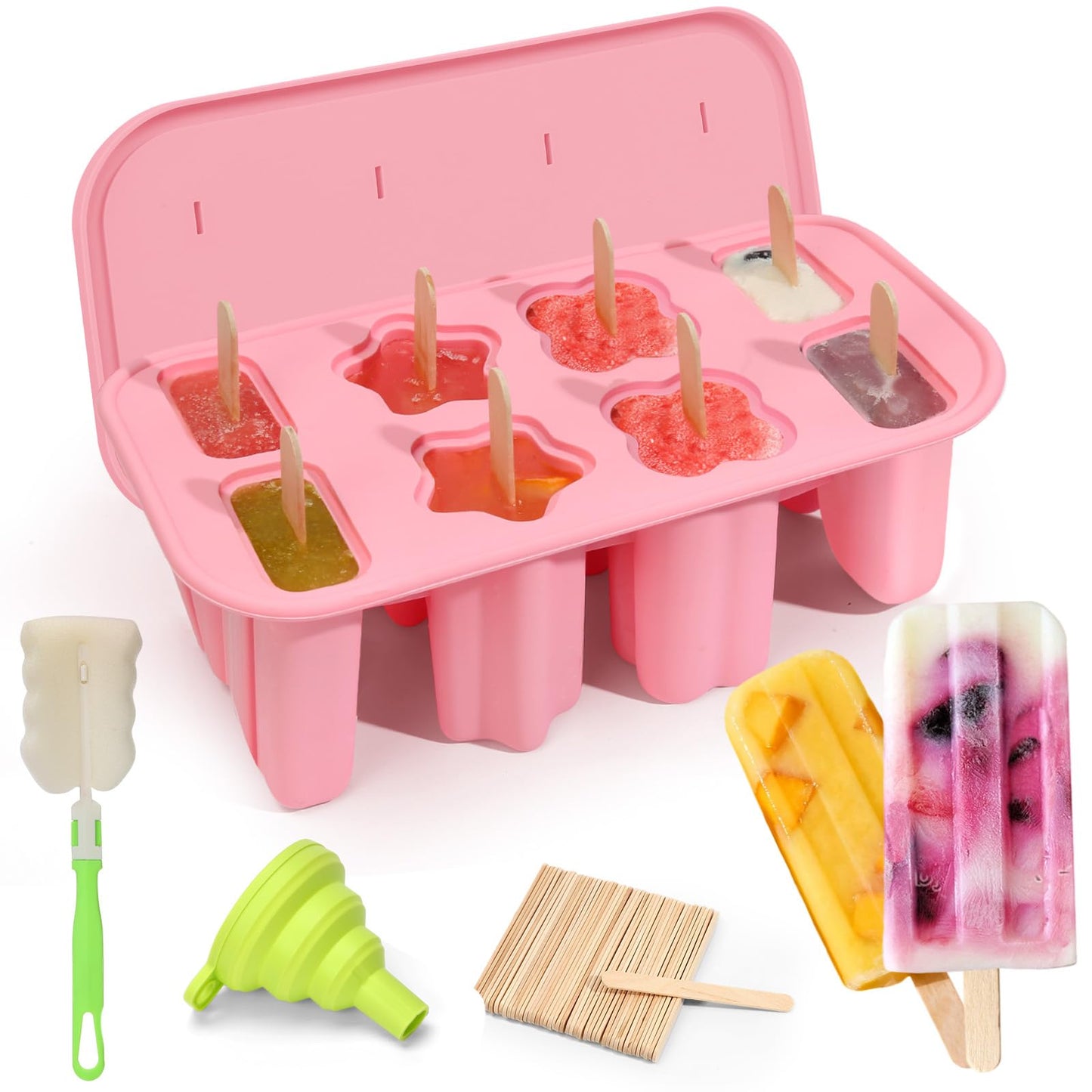 Firstfooby Popsicles Molds, 8-Cavity Silicone Popsicle Molds with 50 Sticks, BPA-Free Ice Pop Mold Popsicle Maker with Funnel & Cleaning Brush for Kids Adult Teens