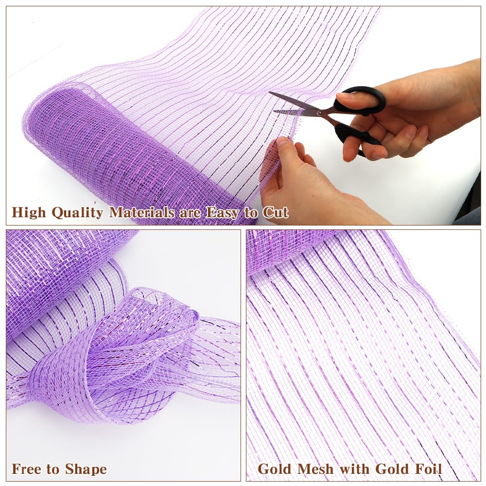 2 Rolls Purple Deco Mesh Ribbon for Wreath Making Supplies, Halloween Decor 10inch x 30 feet Each Roll Metallic Foil for Fall Wreaths Christmas Tree Ribbon Home Party Decor