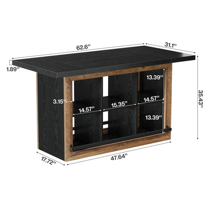 Tribesigns Kitchen Island with Storage, 62.6" Farmhouse Table with 6-Cubby Open Shelves & Metal Foot Rail, Butcher Block Style Counter Height Stationary Unit