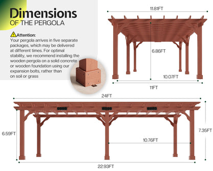 Jocisland 12x24 FT Premium Cedar Wood Pergola with Trellis Roof & Weather-Resistant Support, Outdoor Pergola Kit with Stakes, Garden Gazebo for Patio, Backyard & Events, Reddish-Brown