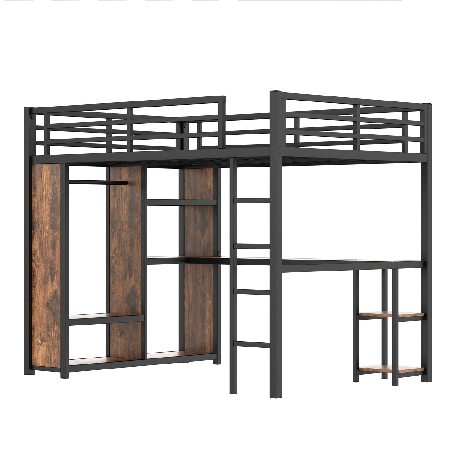 Bellemave Queen Size Loft Bed with Desk and Storage Shelves, Queen Loft Bed with Wardrobe and Hanging Rod, Game Loft Beds with Guardrail, Heavy Duty Loft Beds for Adults, Teens, Black Woodgrain