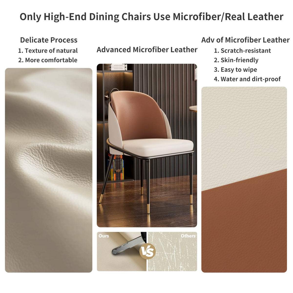 Wisfor Dining Chairs Set of 2: Faux Leather Upholstered Makeup Chair with Arched Backrest - Armless Vanity Chairs with Metal Legs for Kitchen Living Room Bedroom (Reddish Brown and Beige)
