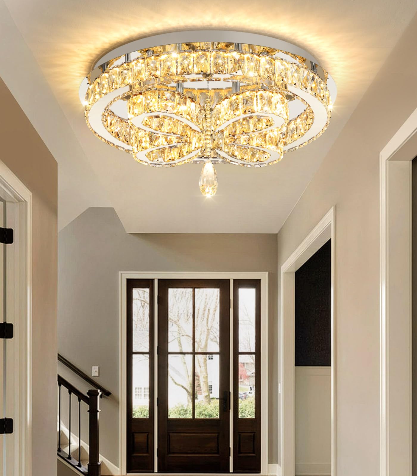 dolria Modern Crystal Chandelier LED 2-Tier Flush Mount Ceiling Lighting Dimmable Pendant Light for Living Room Bedroom Dining Room Entryway Hallway