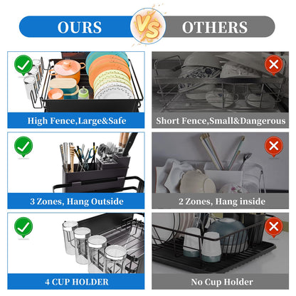 Simple Trending Dish Drying Rack, Dish Drainer for Kitchen Counter, Dish Rack with Tray for Large Capacity, Black