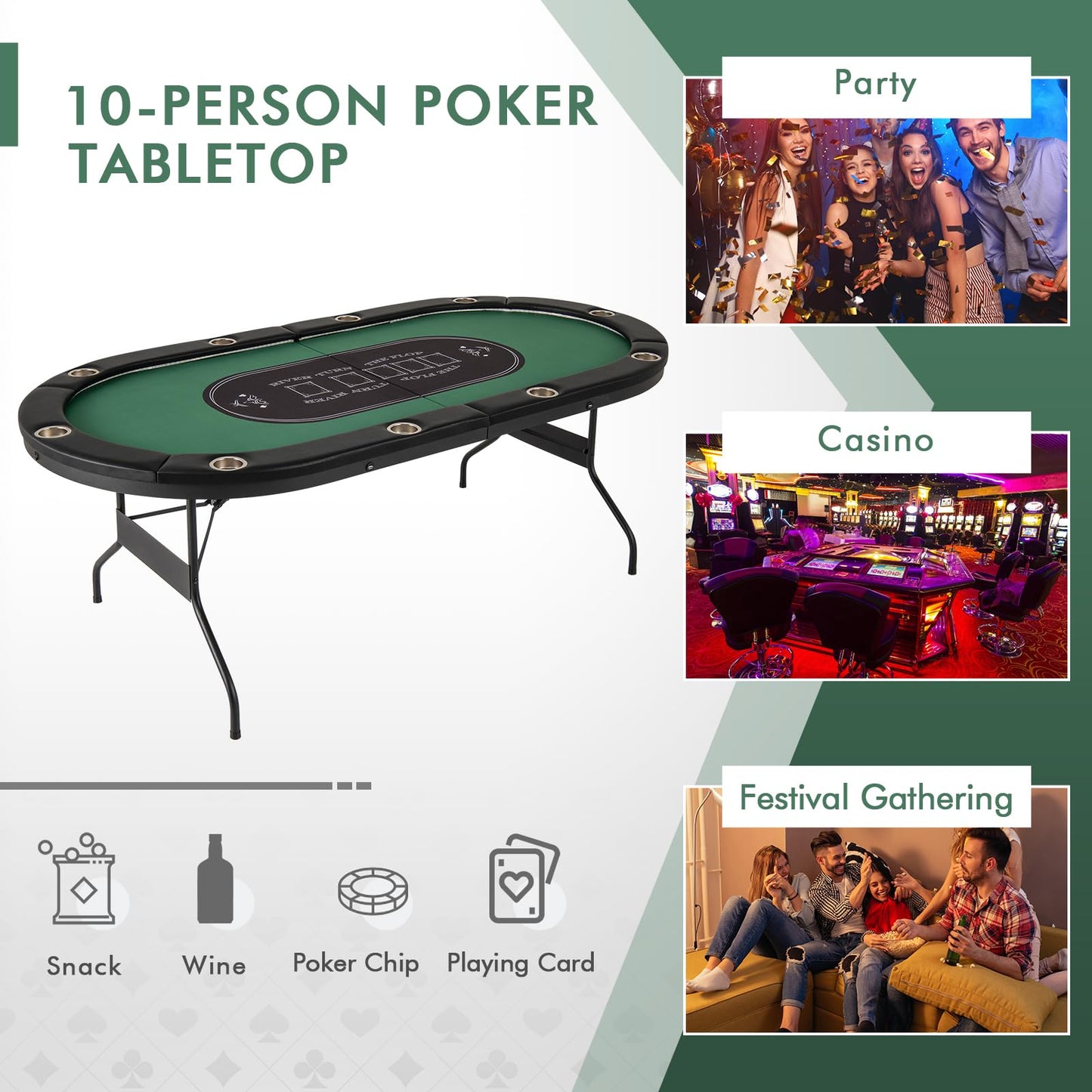 Giantex 10 Players Poker Table with Cup Holder, Folding Casino Leisure Table with 4 USB Ports, Extra Lights, Easy to Assemble, Foldable Game Poker Tables for Texas, Card Games (Green)
